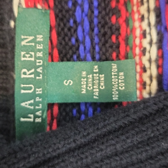 LAUREN RALPH LAUREN Black Red Blue Cotton Toggle V-neck Fair Isle Sweater - Picture 5 of 9